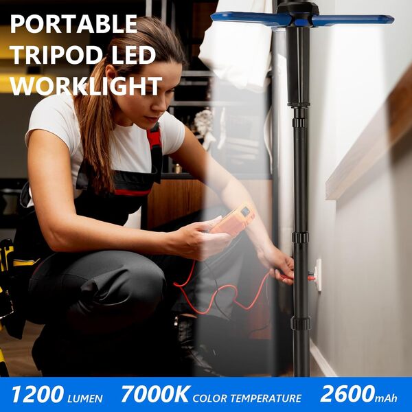 Lampe de travail LED rechargeable avec support, 1200 lumens, 6000/7000 K, intensité variable, lampe de camping sans fil avec tête rotative à 3 pages, 5 modes d'éclairage, éclairage solaire portable de