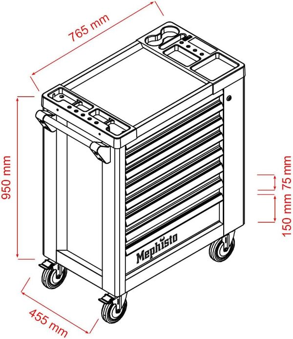 Mephisto Servante à outils XXL avec 8 tiroirs, dont 7 avec outils tels que clé, cliquet avec boîte à noix, tournevis, etc. dans des incrustations souples en aspect carbone