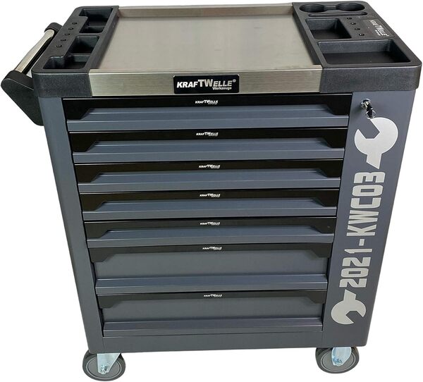 Servante d'atelier modèle 2021 avec tiroir à roulement à billes, 7 tiroirs, cliquet, clé à cliquet, tournevis, pinces, kit d'outils d'atelier