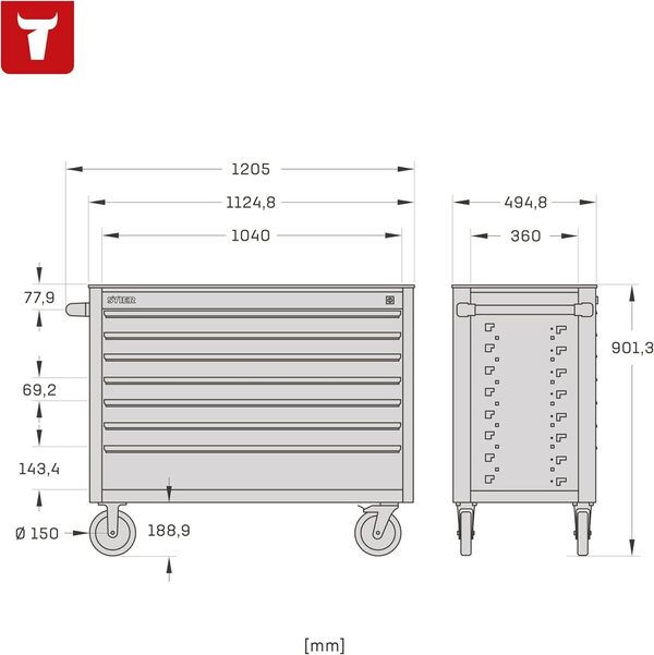 STIER Servante d'atelier XXL, non garnie - vide, chariot à outils, armoire roulante, avec rails de tiroir montés sur roulements à billes, 7 tiroirs, charge max.300kg