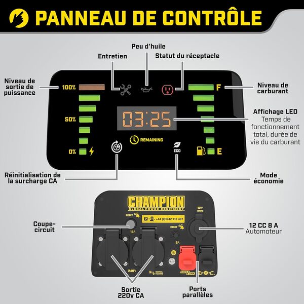 Champion Power Equipment Générateur essence + gaz (2000 W, courant inverter, générateur avec affichage LED, Dual Fuel, extrêmement silencieux) 8200i-E-DF-EU Jaune
