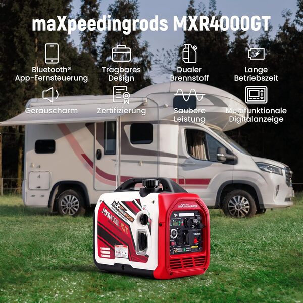 maXpeedingrods Groupe Electrogene Silencieux GPL et Essence 3500W Inverter Générateur Démarrage via App Bluetooth® et Electrique Prises 230V Generator pour Camping Car Caravanes Garage Jardin