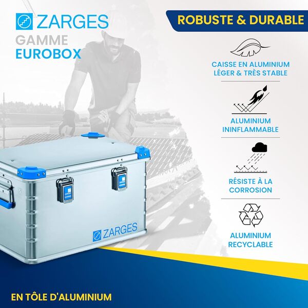 ZARGES - Caisse Aluminium Eurobox - Boîte Stockage & Transport Universelle - 600x400x340 mm - Caisse À Outils En Aluminium Naturel - Poignées De Transport - Étanche & Durable