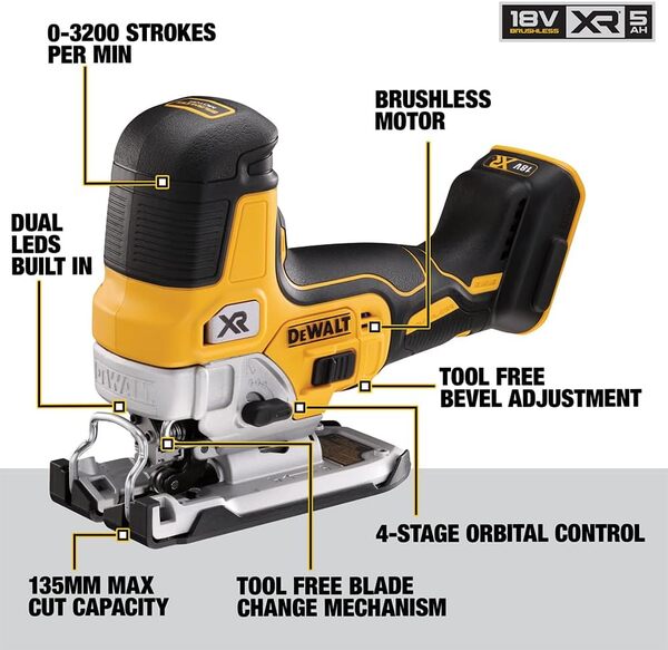 DEWALT - Scie sauteuse à prise par le corps brushless XR 18V - courses à vide 3200cps/min - coupe bois 135mm / acier 10mm & coffret de 10 lames en acier de scie sauteuse - DCS335NT-XJ