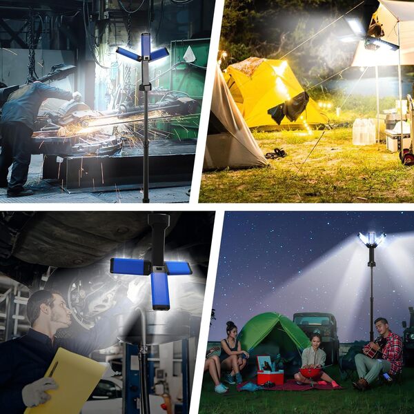 Herrselsam Lot de 2 projecteurs de chantier LED avec trépied, lampe de travail sans fil avec trois têtes de lumière rotatives, 700-2200 lm, 4000/6500 K, rechargeable avec batterie de 8000 mAh, hauteur [Classe énergétique E]