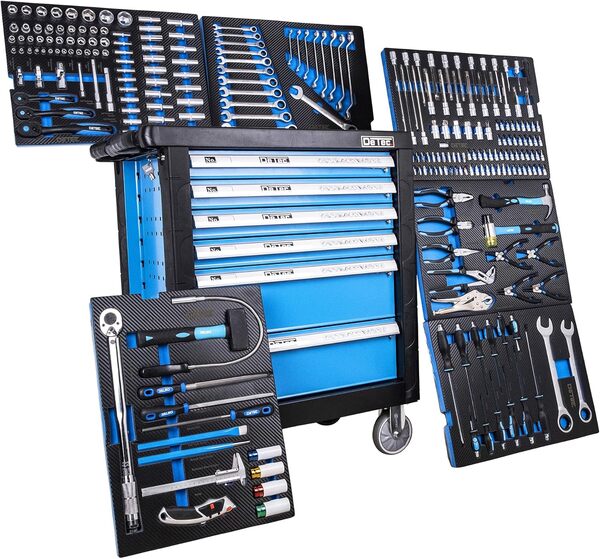 DeTec. Blue Edition 3066 Servante d'atelier remplie | Caisse à outils avec outils | 6 tiroirs sur 6 avec outils à roulettes | Boîte à outils avec insert en carbone avec cric de 3 tonnes vert