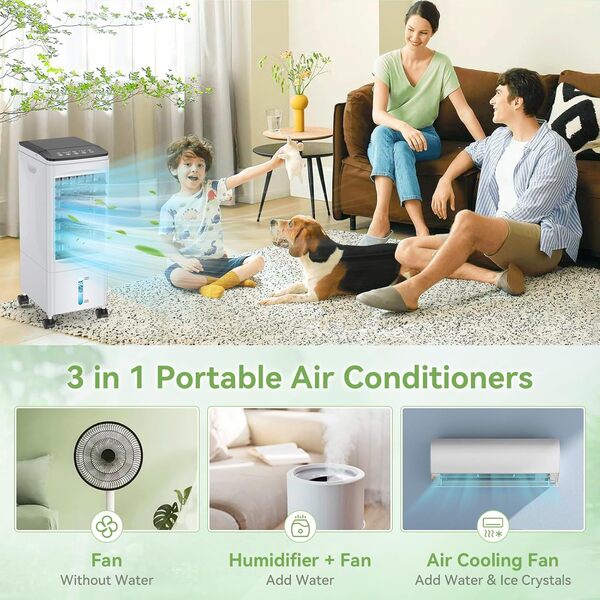 Climatiseur Mobile Silencieux, Refroidisseur d'air 5.5L Climatiseurs Portables Économie d'énergie Ventilateur Humidificateur avec 3 Vitesses, Télécommande, 1-7H Minuterie, pour Maison Bureau Chambre [Classe énergétique A++]