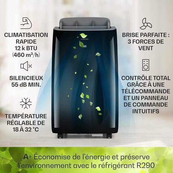 Klarstein Climatiseur Mobile Silencieux, Mini Climatiseur 3 en 1, Mode Nuit, Déshumidificateur, Ventilateur, Petite Climatisation à Faible Conso, Evacuation, Clim Portable, 12000 BTU, Climatiseurs [Classe énergétique A+]