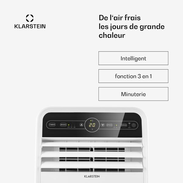 Klarstein Climatiseur Mobile Silencieux, Smart Climatiseur 4 en 1, Mode Nuit, Déshumidificateur, Ventilateur, Mini Climatisation à Faible Conso, Evacuation, Clim Portable, 12000 BTU, Climatiseurs [Classe énergétique A]
