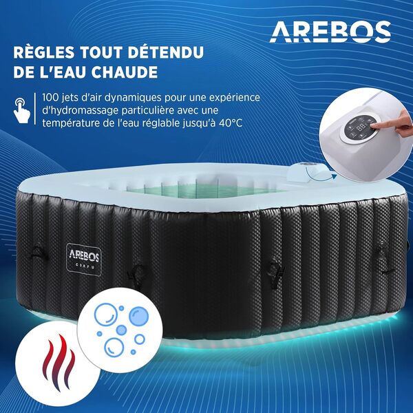 Arebos Spa Gonflable avec éclairage LED | Gonflable | pour l'intérieur et l'extérieur | 154x154cm | 4 Personnes | 100 Jets de Massage | avec Chauffage | 600 litres | avec Couvercle | Spa et Bien-être