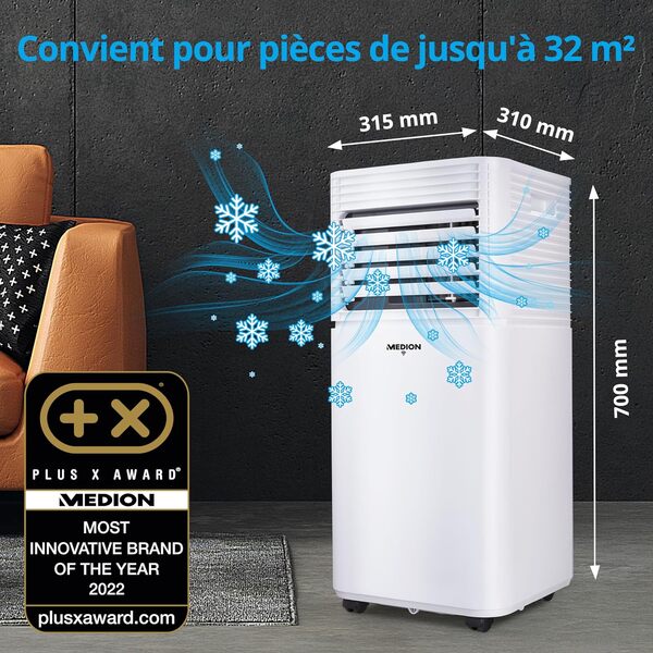 MEDION Smart Climatiseur Mobile P701 (7000 BTU, 3-en-1, Refroidir, Déshumidification, Ventilation, jusqu'à 25m², kit de joint de fenêtre, mode sommeil, contrôle Wifi, Télécommande, Écran, MD 37672) [Classe énergétique A]
