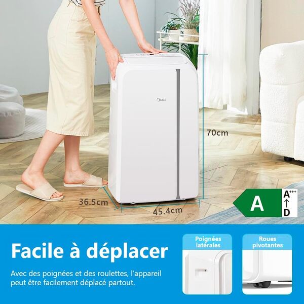 MIDEA Climatiseur Mobile Silencieux 9000 BTU avec Évacuation - Climatisation Portable Prêt à Poser 2700W - Clim Réversible Split Mobile - 3 Vitesses avec Kit de Fenêtre et Télécommande [Classe énergétique A]