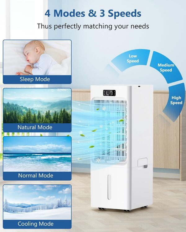 Climatiseur Mobile 4 en 1, Refroidisseur d'air, Humidificateur, loniseur, Réservoir 6L, avec 1-12H Minuterie, 3 Vitesses 4 Modes, 4 Pack Glacons,Télécommande, pour Maison Bureau Chambre