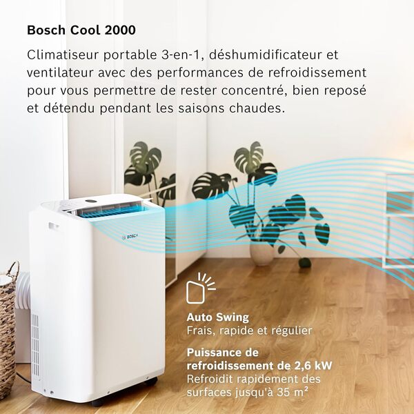 Bosch Cool 2000 Portable AC - 3-en-1 Climatiseur, Déshumidificateur, Ventilateur - 2,6kW PAC pour les pièces jusqu'à 35m² - Avec Mode Auto, Mode Silencieux & Mode Veille (46 db(A)) [Classe énergétique A]