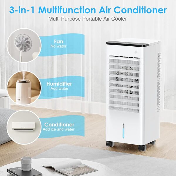 Climatiseur Mobile, 3 en 1 Rafraichisseur d'air Silencieux Sans évacuation avec 6L Large Réservoir d'eau, 3 Vitesses, 15H Minuteries, 60°Oscillation, Climatiseur Portable pour Chambre,Cuisine,Bureau [Classe énergétique A++]