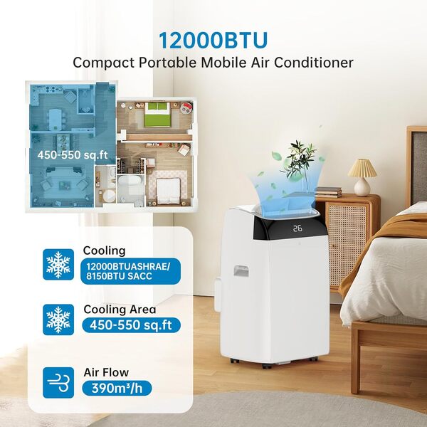 Climatiseur Mobile Silencieux 12000 BTU, Climatiseurs Portables sans Unité Extérieure,Écologique R290,Climatisation Mobile 4 Fonctions Refroidissement/Déshumidification/Ventilation/Suivi (12000 BTU) [Classe énergétique A]