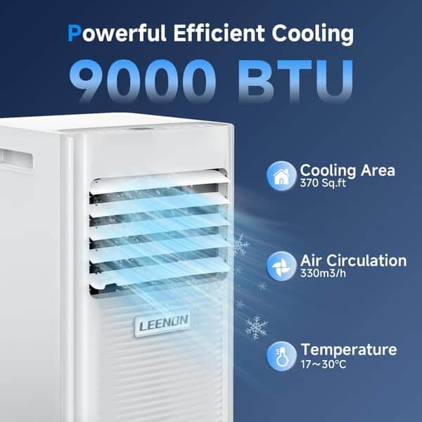 LEENON 9000 BTU Climatiseur Mobile 3 en 1 Climatisation Portable 2.6KW, Déshumidificateur & Ventilateur avec Télécommande, Minuterie 24H, Mode Nuit, Kit Fenêtre Inclus, Mobile Clim pour Maison Bureau [Classe énergétique A]