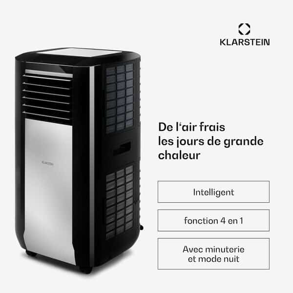 Klarstein Climatiseur Mobile Silencieux Intelligent, Mini Climatiseur 5 en 1, Refroidissement, Purificateur Antibactérien, Elimination des Odeurs, Mode Nuit, Déshumidificateur, AC, 15000 BTU, Blanc [Classe énergétique A]