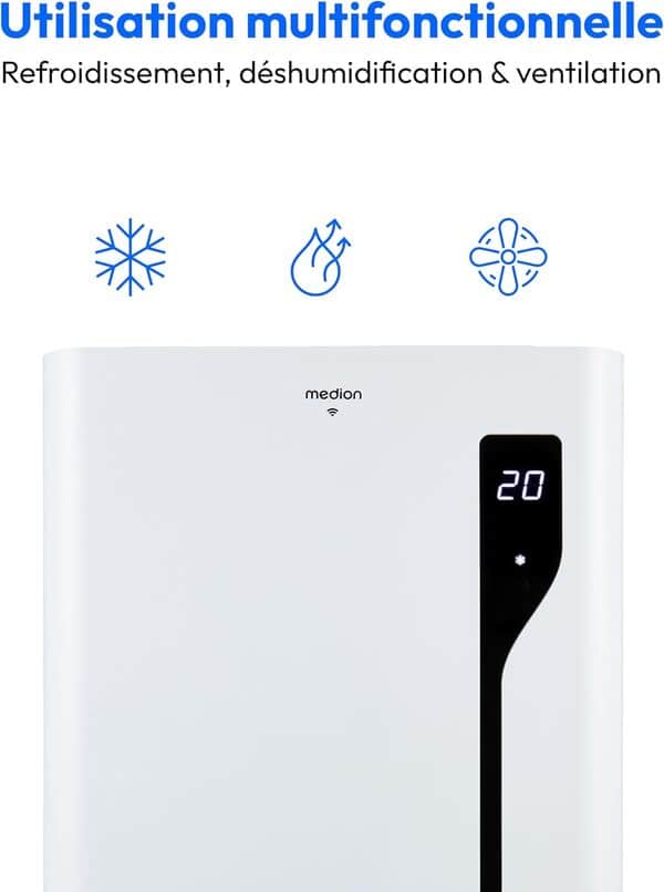 MEDION Smart Climatiseur Mobile P1200 (12000 BTU, 3-en-1, Refroidir, Déshumidification, Ventilation, jusqu'à 36m², kit de joint de fenêtre, mode sommeil, contrôle Wifi, Télécommande, Écran, MD 37734) [Classe énergétique A]