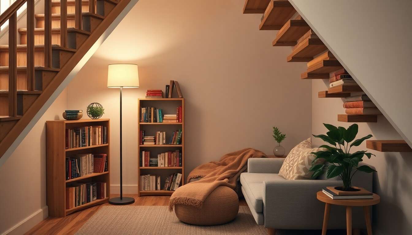 Création d'un coin lecture confortable sous l'escalier Création d'un coin lecture confortable sous l'escalier