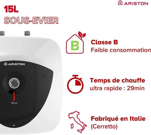 Ariston ANDRIS LUX - Chauffe-eau électrique sous Évier 15 litres - Puissance 2000W - Compact, facile à utiliser - Conçu et fabriqué pour être installé en France [Classe énergétique B]