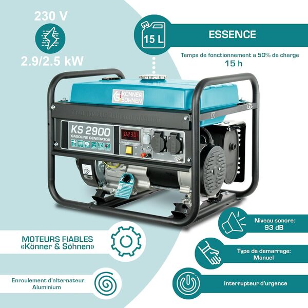 Générateur essence KS 2900, 2900 W max, 2x16A (230 V), 12 V, AVR, protection surcharge/court-circuit, indicateur huile bas, affichage LED (Hz, V, heures).