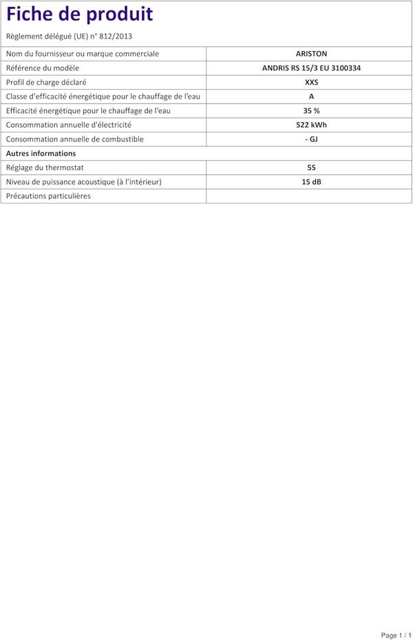 Ariston Thermo - Andris Rs 15/3 Erp - 3100334 - Chauffe-eau électrique sur évier, couleur : blanc [Classe énergétique A]