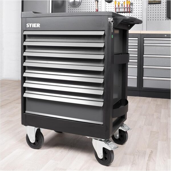 STIER Servante d'atelier Premium vide avec couvercle en plastique, 960 x 700 x 490 mm, 7 tiroirs, charge max. 500 kg, chariot d'atelier, chariot d'outils, chariot de montage