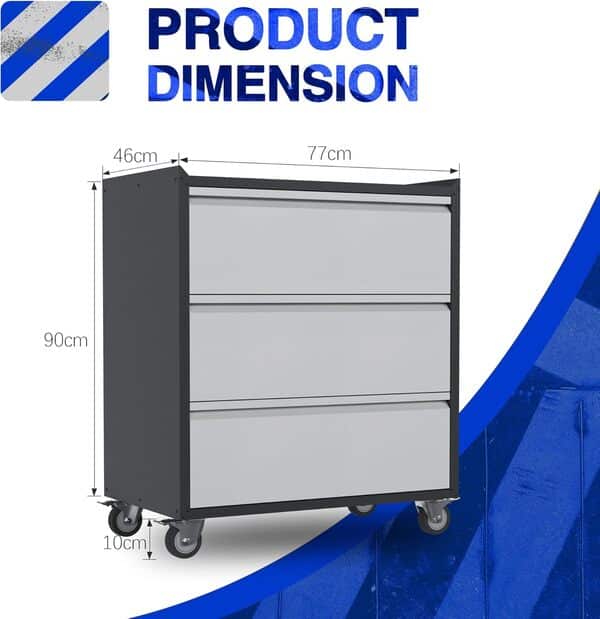 Armoire à outils avec 3 tiroirs, servante d'atelier, armoire de garage avec roues, armoire en métal, idéale pour les outils et accessoires