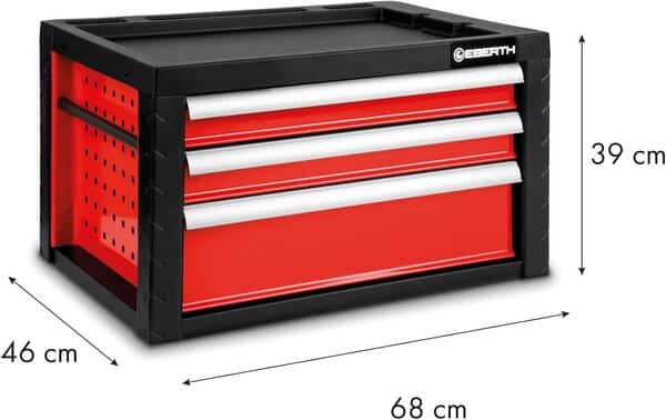 EBERTH Caisse à Outils Pleine, 114 pièces, Armoire à Outils métallique avec 3 tiroirs, Rails télescopiques, Extension Totale, verrouillable, boîte à Outils équipée, revêtement par Poudre Rouge