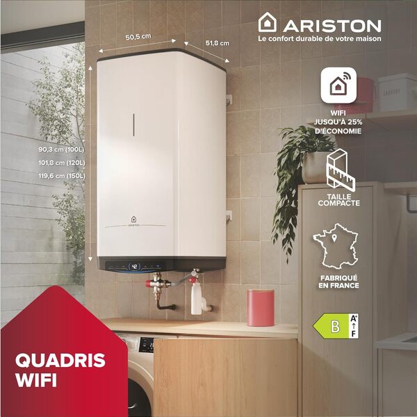 Ariston Quadris WiFi 150L, Chauffe Eau Électrique Compact, Intelligent, Connecté, Stéatite, 25% d'Économie d'Énergie, Eco Evo, Fabriqué en France, Gain de place jusqu'à 1m2 au sol. [Classe énergétique B]