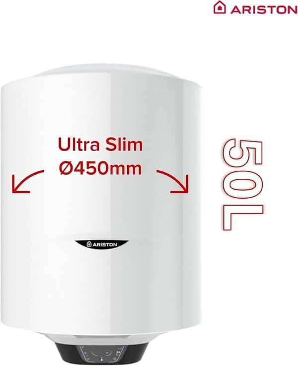 Ariston PRO 1 ECO, Chauffe-eau électrique vertical mural 50 litres, diamètre 450 mm - Conçu et fabriqué pour être installé en France. Blanc [Classe énergétique B]