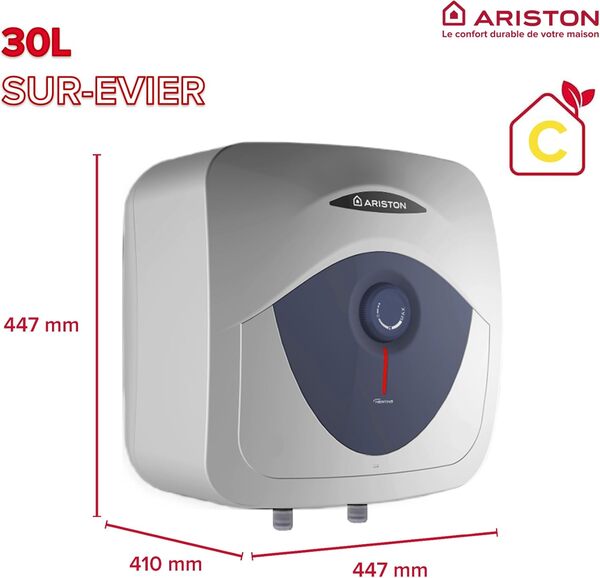 Ariston Blu Evo RS Chauffe-eau électrique Sur-Evier 30 litres, Profil de Charge S, Puissance 2000 W. Compact, facile à utiliser. Conçu et fabriqué pour être installé en France. [Classe énergétique C]