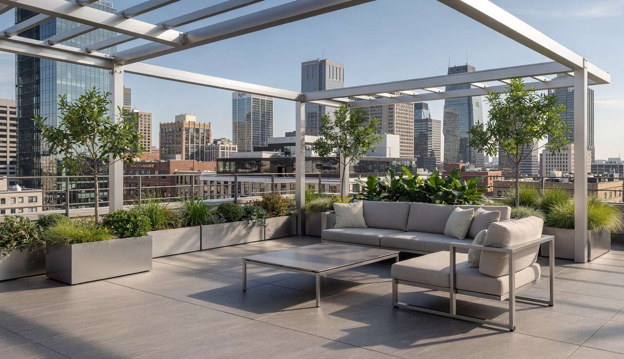 Exemples d'am&eacute;nagements de toit terrasse en aluminium