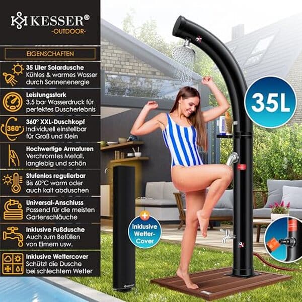 Découvrez notre test complet de la douche solaire Kesser 35L : eau chaude gratuite, installation simple et économies d'énergie garanties. Avis et conseils d'experts.