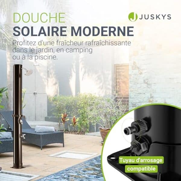 Découvrez notre test détaillé de la douche solaire Juskys Victoria : 20 litres, température jusqu'à 60 °C et design robuste pour vos douches en extérieur. 
