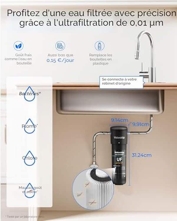 Découvrez notre test complet du filtre à eau Waterdrop 10ua-uf sous évier : performances, élimination du plomb et impuretés, installation et avis utilisateurs. 
